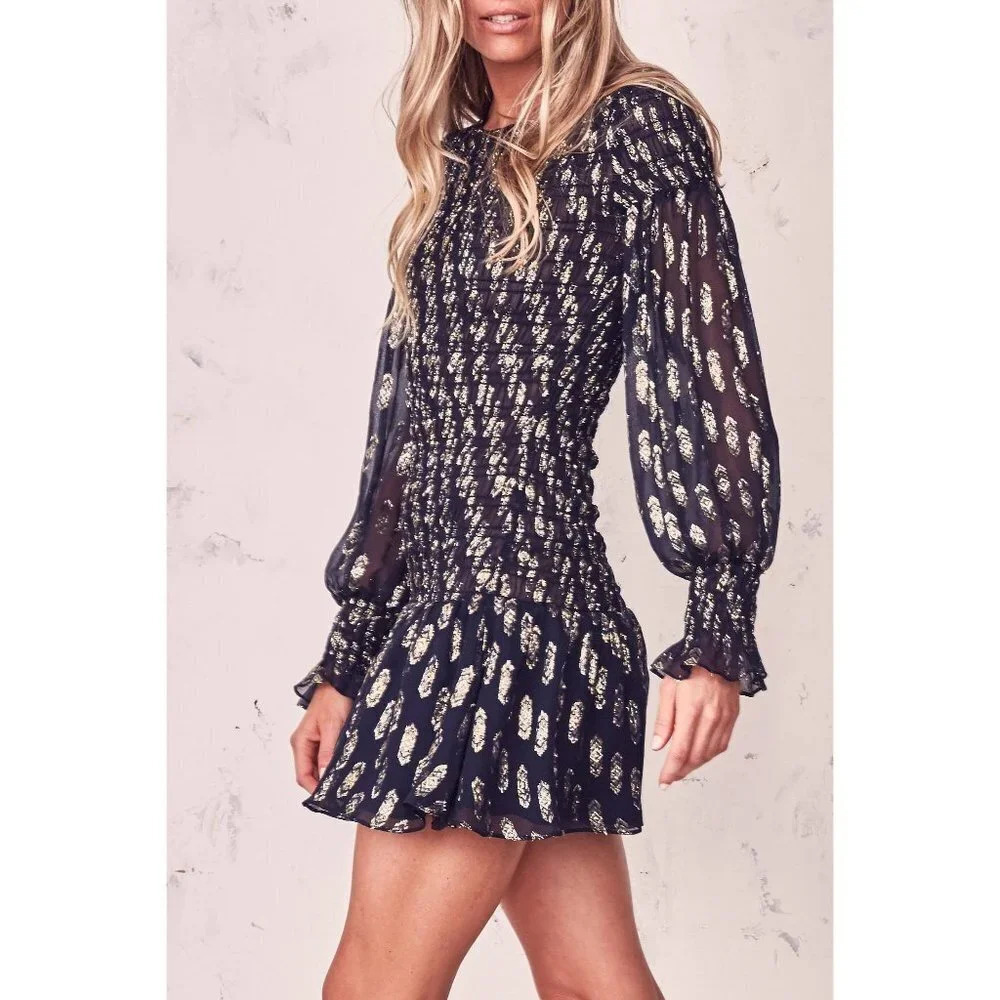 LoveShackFancy Scarlett Dark Navy Gold Smocked Mini Dress $375